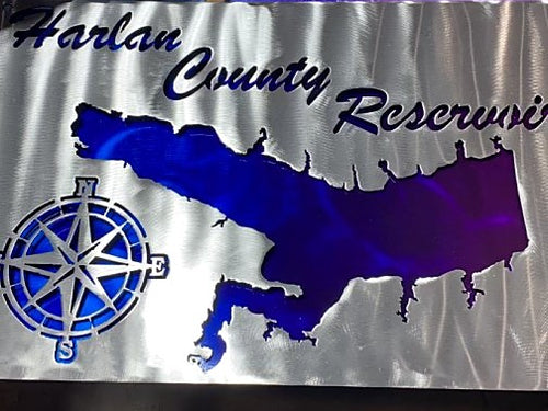 A finished Harlan County Reservoir sign in the shop