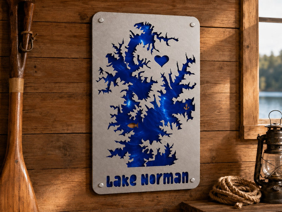 A custom aluminum lake sign hanging on a wall